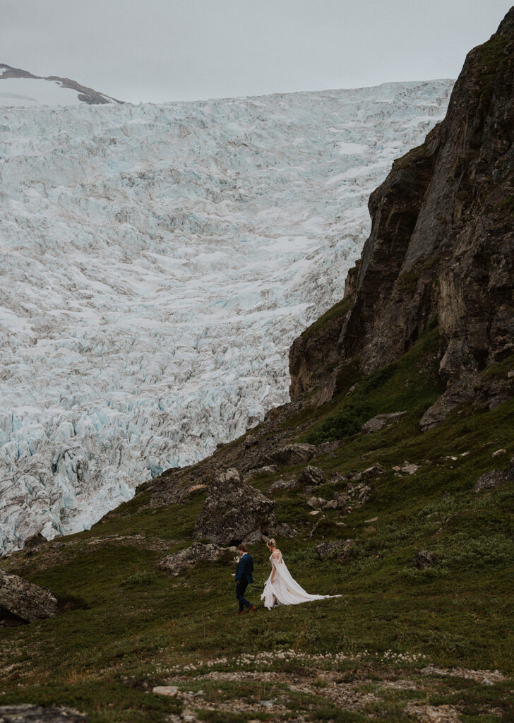 Bride and grooms portraits from their adventure Alaska helicopter elopement at Knik Glacier