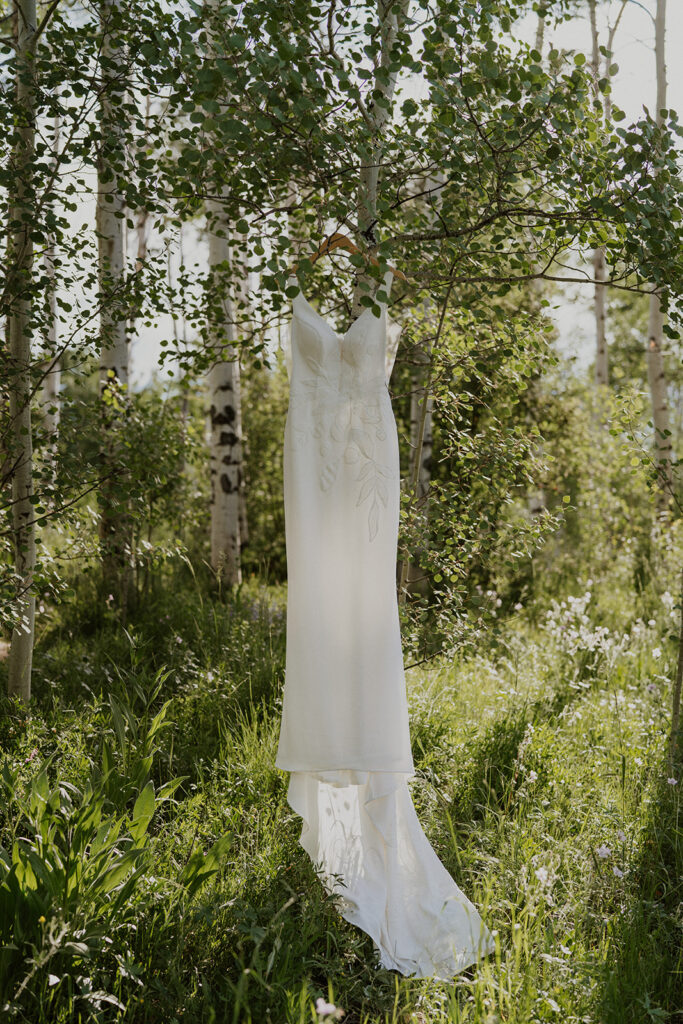 Brides dress hanging in the Colorado mountains