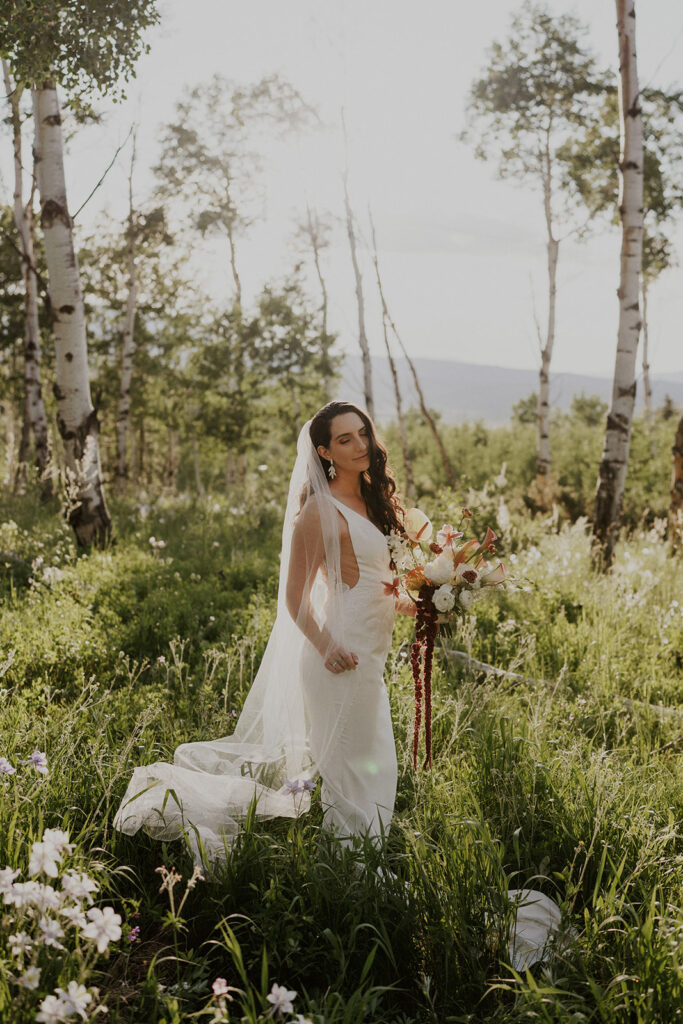 Outdoor bridal portraits from a Breckenridge Colorado elopement with florals by Lady Sunshine Floral