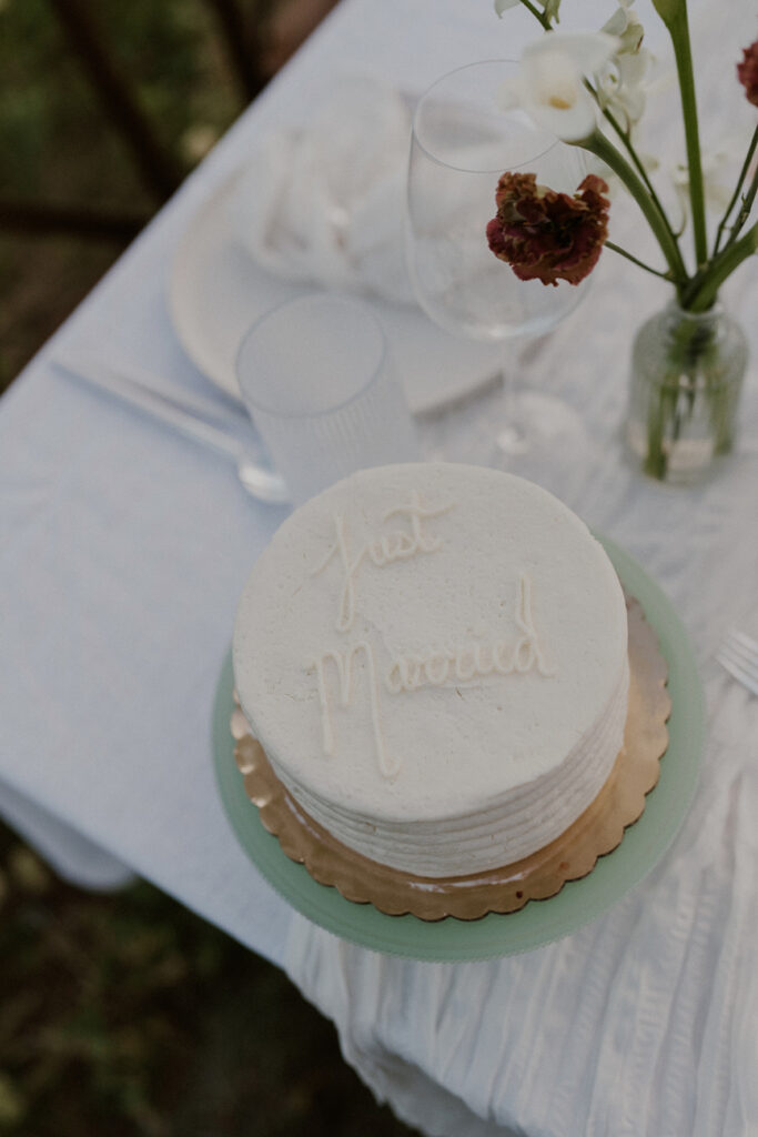A simple elopement cake that says "Just Married" from a mountain Colorado elopement