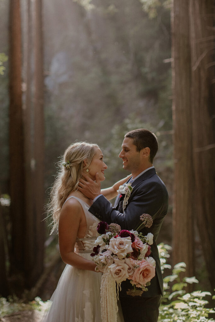 Bride and grooms romantic Big Sur redwood elopement portraits