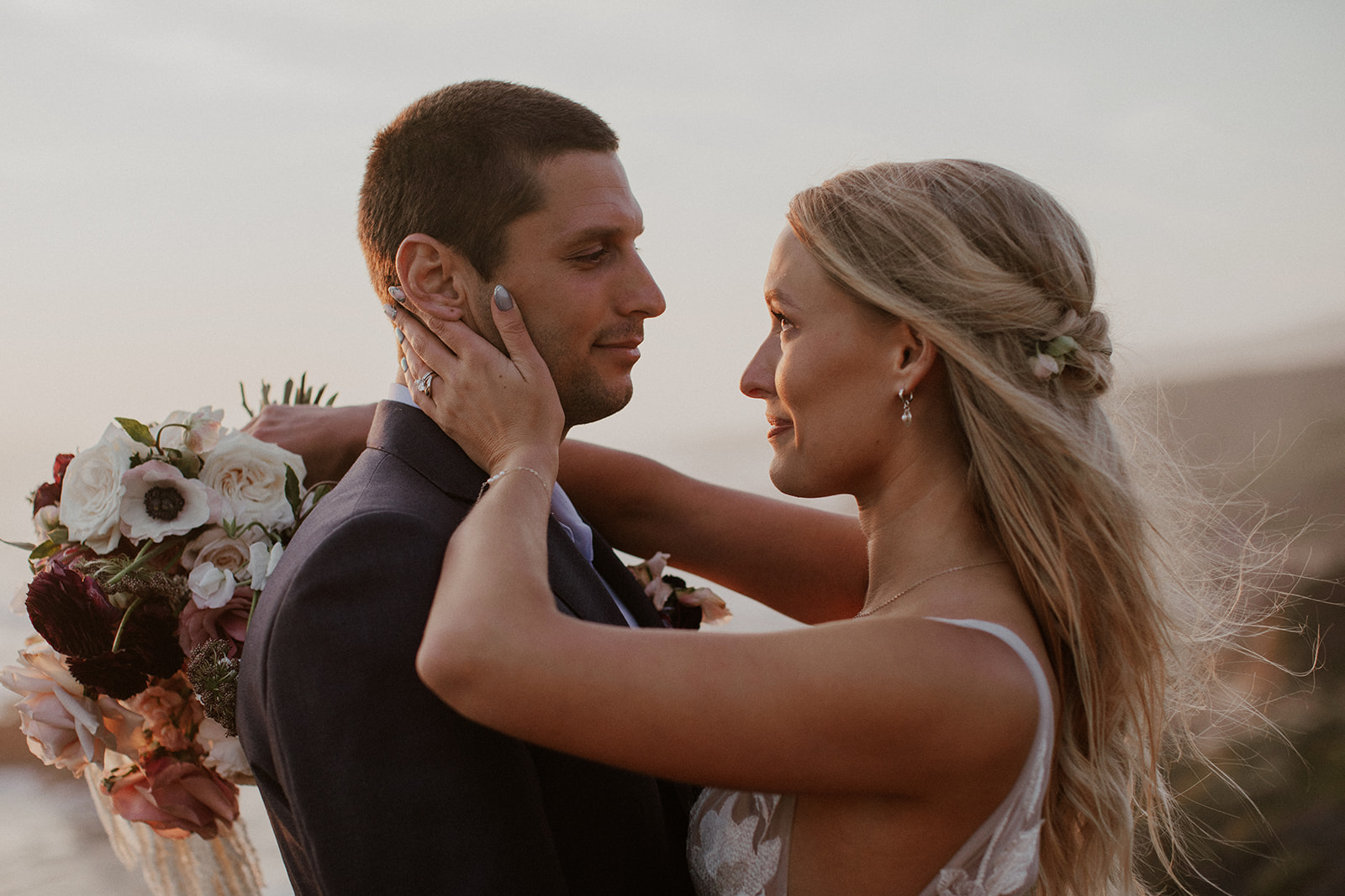 Close up shot of a bride and groom during their sunset elopement photos in Big Sur, California