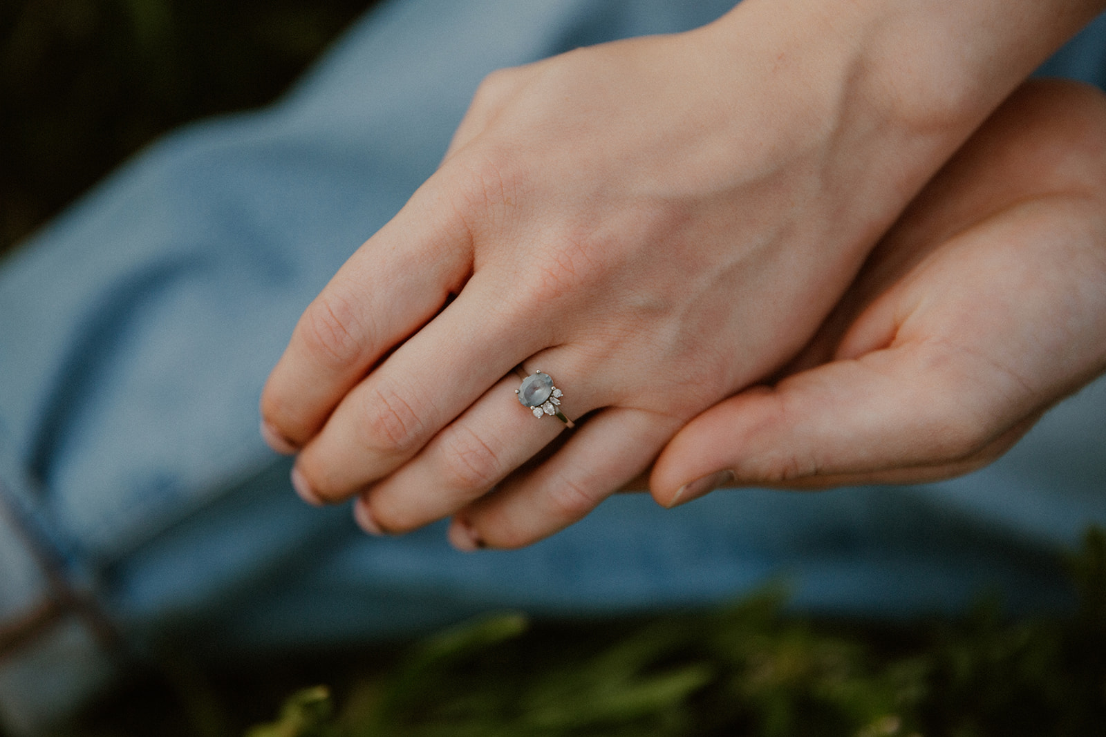 Close-up of engagement ring on the bride-to-be’s hand during Crested Butte engagement session.