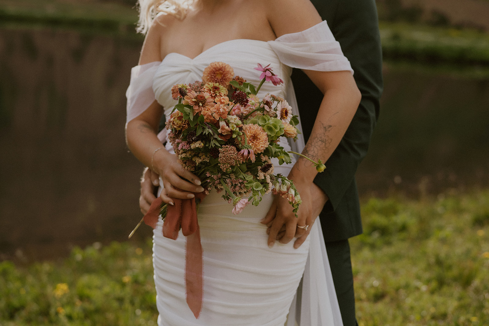 Close up shot of a bride and groom together in the Colorado mountains