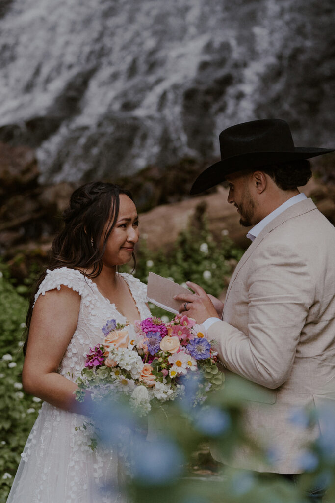 Colorado mountain elopement portraits at a waterfall