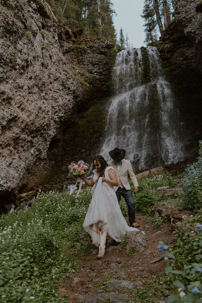 Colorado mountain elopement portraits at a waterfall