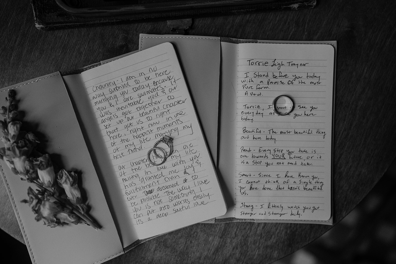 Black and white photo of a bride and grooms vows and rings