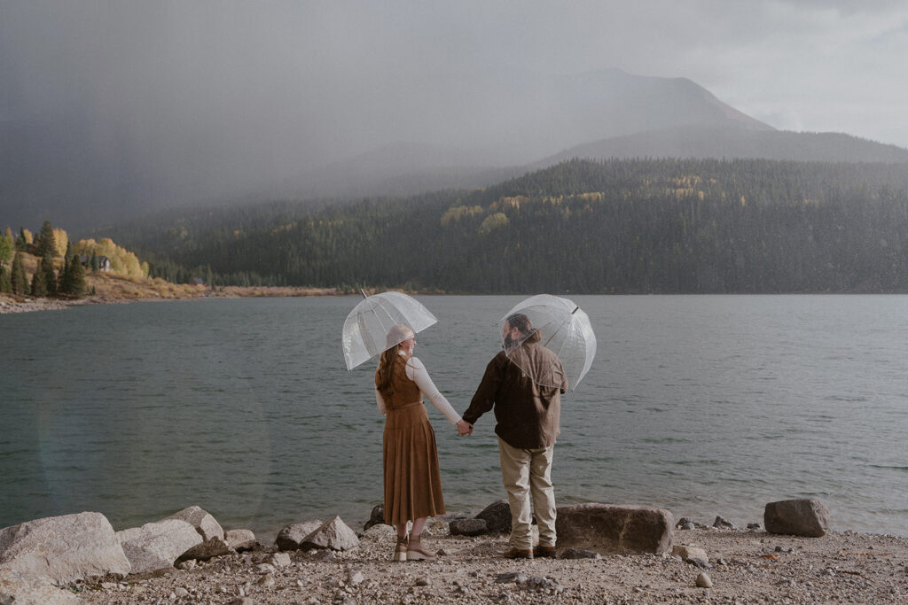 Rainy lake engagement photos in Telluride, Colorado