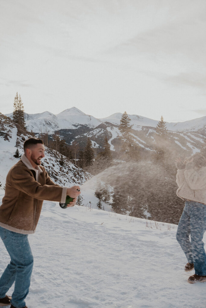 Snowy mountain engagement photos in Colorado