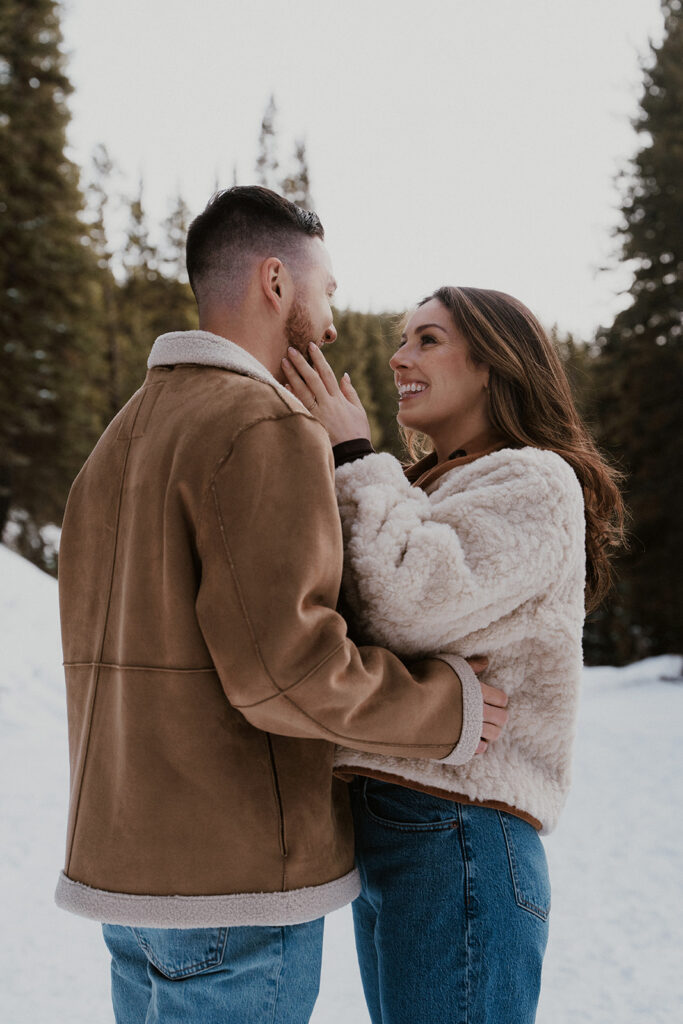 Snowy mountain engagement photos in Colorado