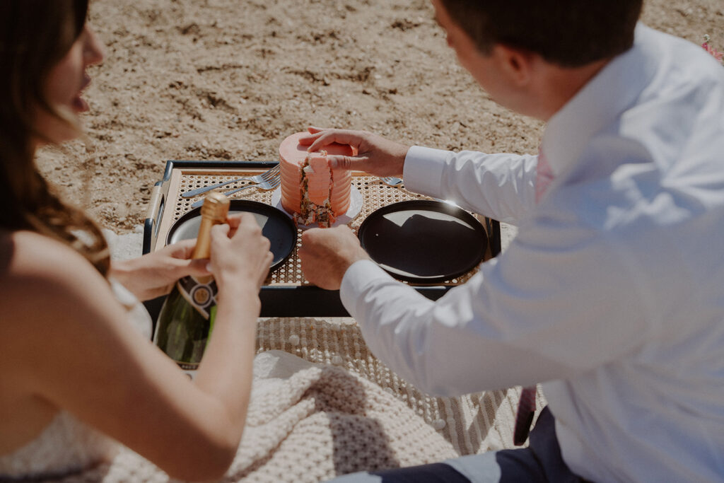 Bride and groom have cake and drinks on a lakeside in Colorado