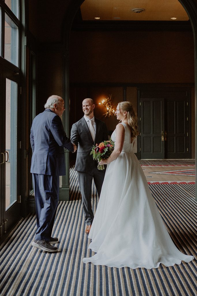Bride and groom in Hotel Jerome for their elopement