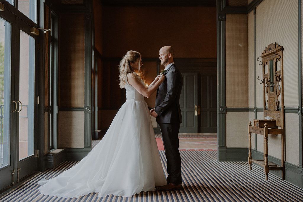 Bride and groom in Hotel Jerome for their elopement