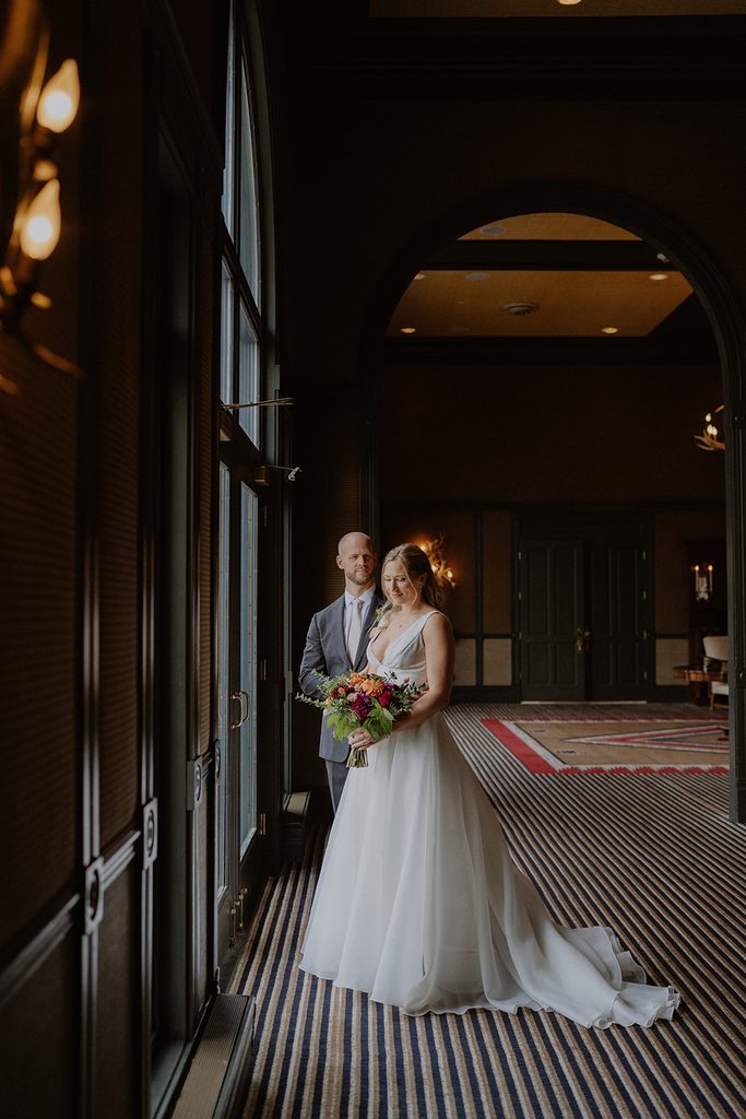 Bride and groom in Hotel Jerome for their elopement