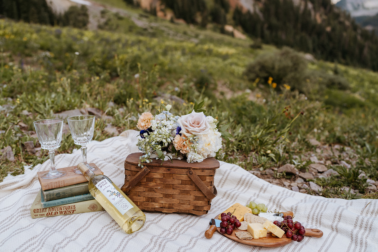Details of a wedding picnic with wine and a cheese plate