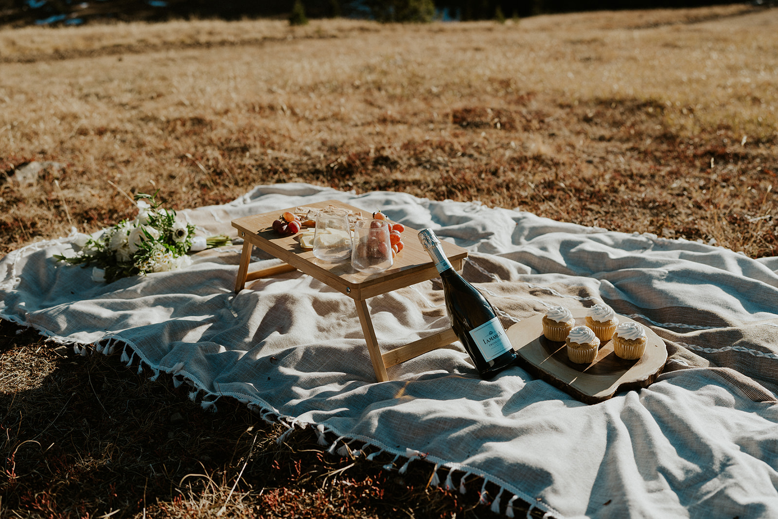 A champagne picnic and cheese tray set up on a blanket in a field during a Colorado Helicopter Wedding