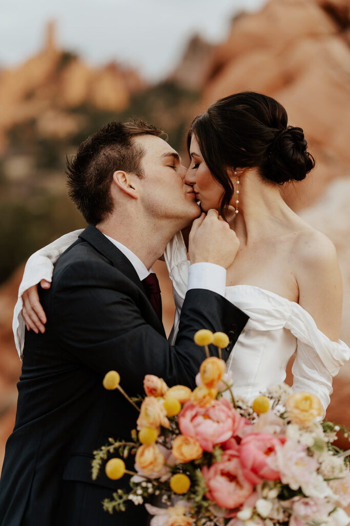 Bride and groom kissing during their Colorado Springs elopement