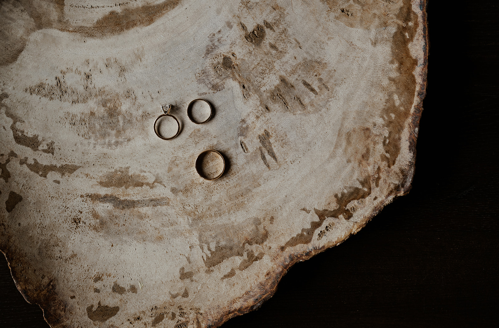 Wedding rings and band sitting on a wooden table