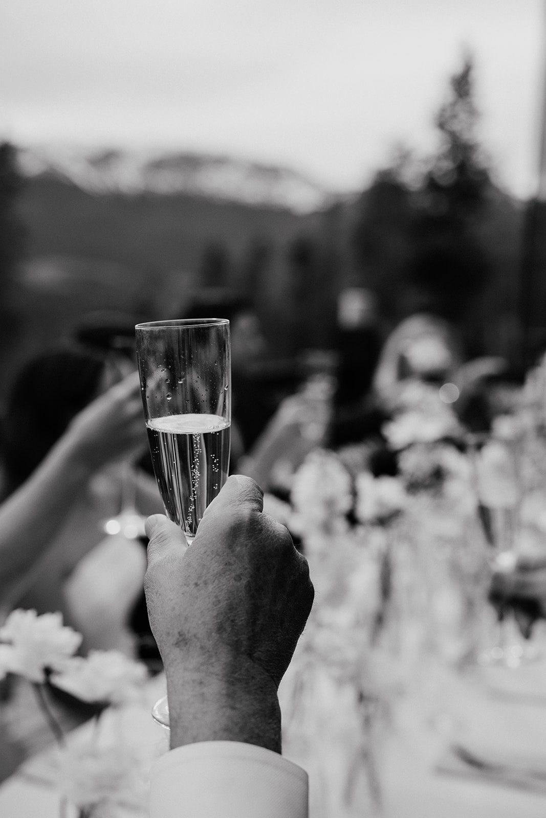 Black and white photo of guests toasting champagne