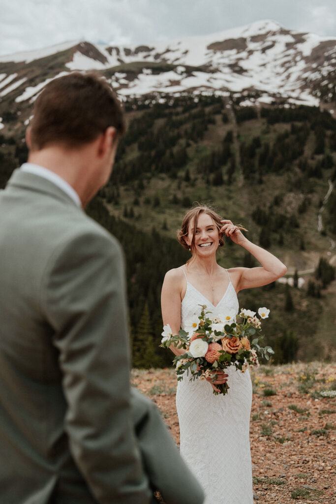 Bride and grooms Colorado mountain elopement on Peak 9 in Breckenridge