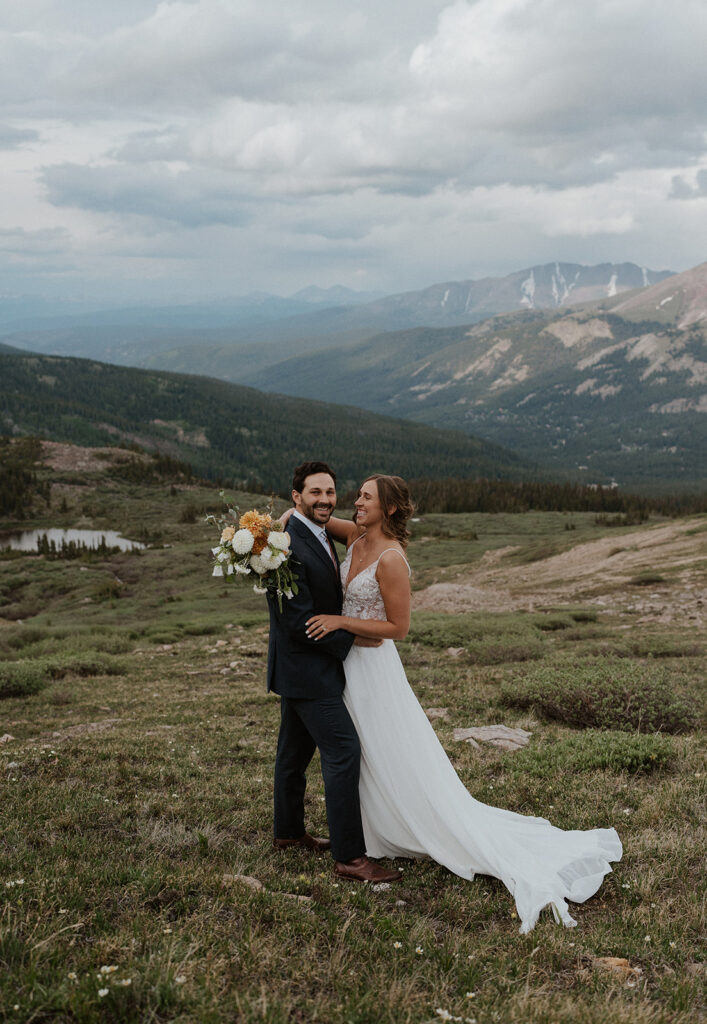 Mountain elopement portraits of a bride and groom during their Hoosier Pass elopement in Colorado