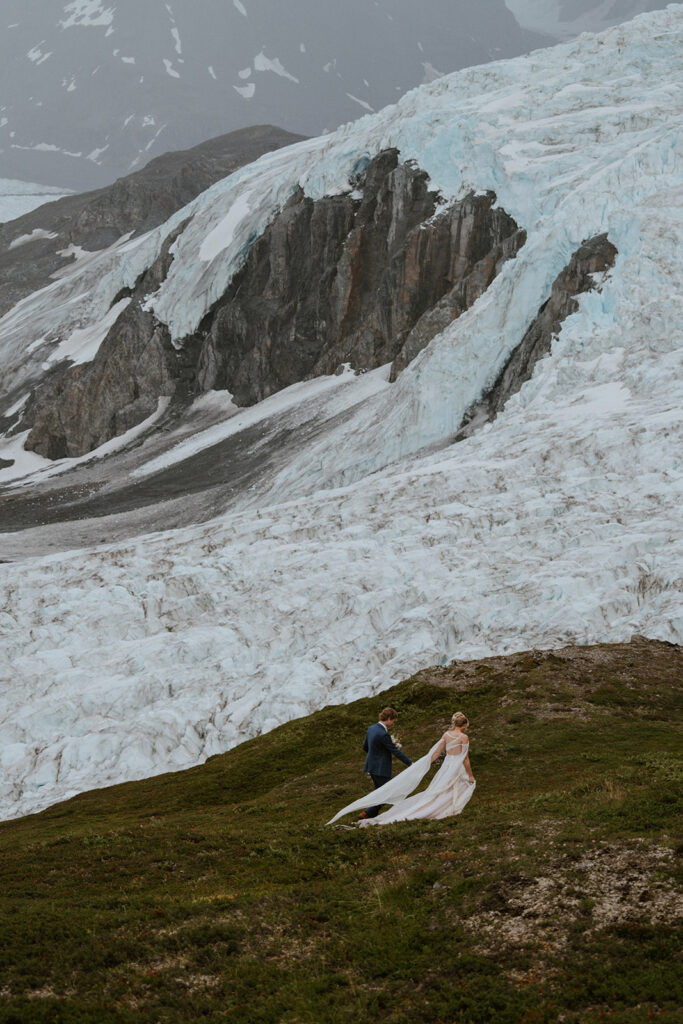 Bride and grooms portraits from their adventure Alaska helicopter elopement at Knik Glacier