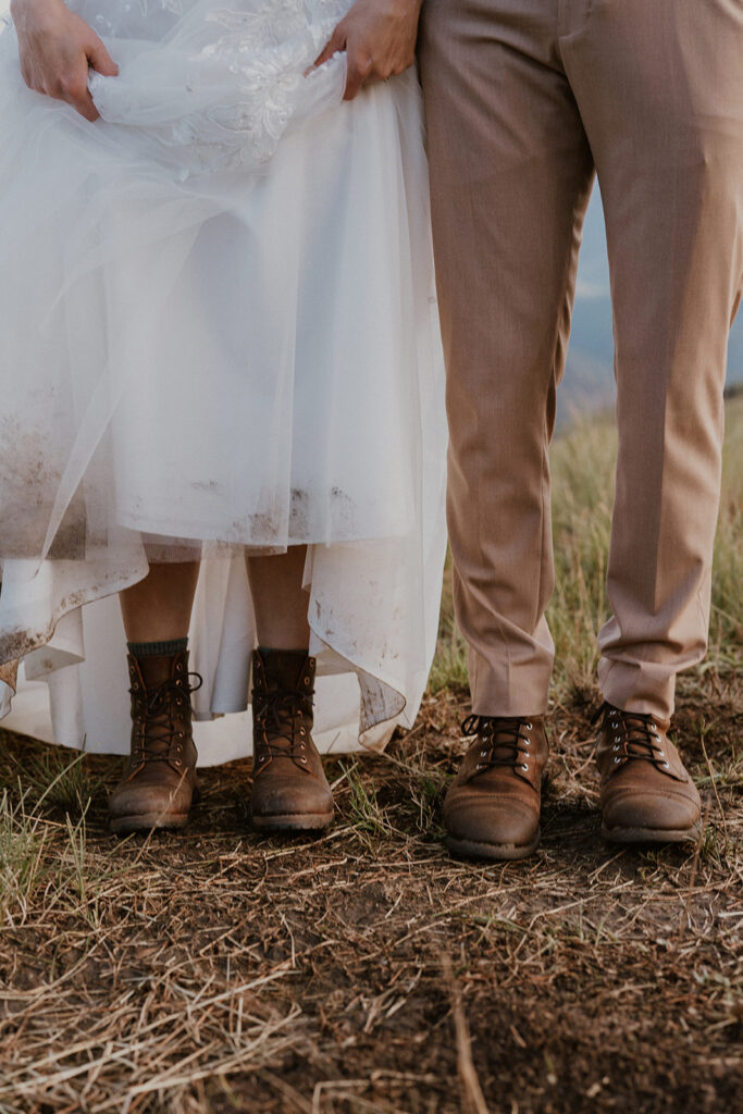 Bride and groom in their hiking boots from their Telluride, Colorado elopement