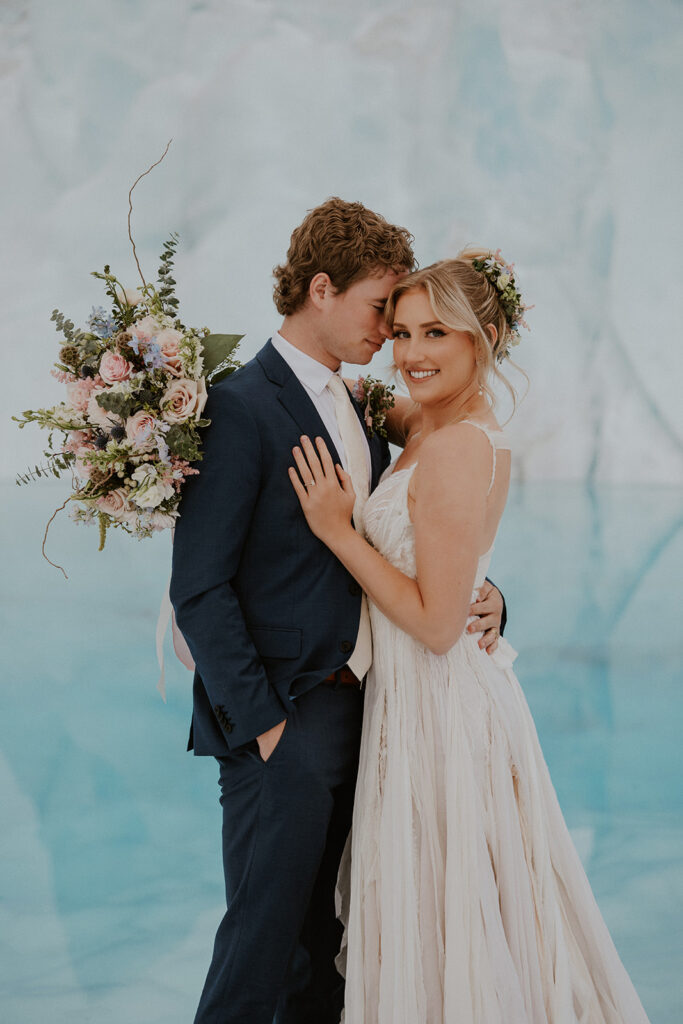 Bride and grooms Alaska elopement portraits at Knik Glacier