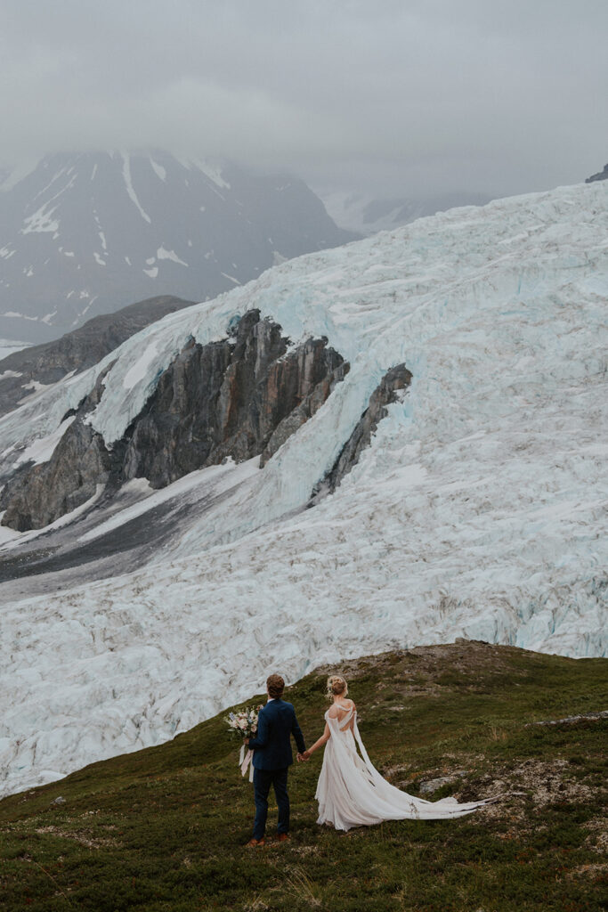 Bride and grooms Alaska elopement portraits at Knik Glacier