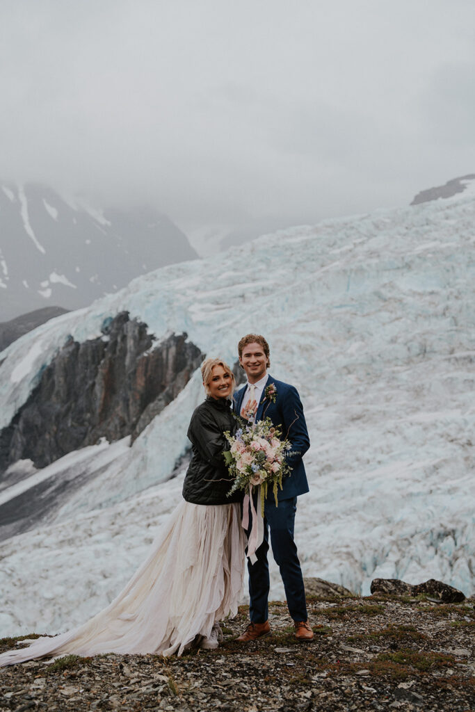 Bride and grooms Alaska elopement photos at Knik Glacier