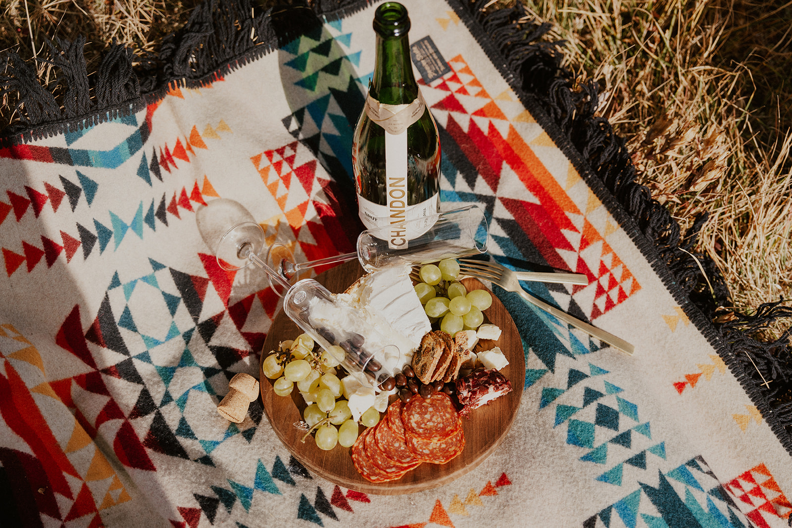 Elopement picnic setup with meat, cheeses, and cheesecake