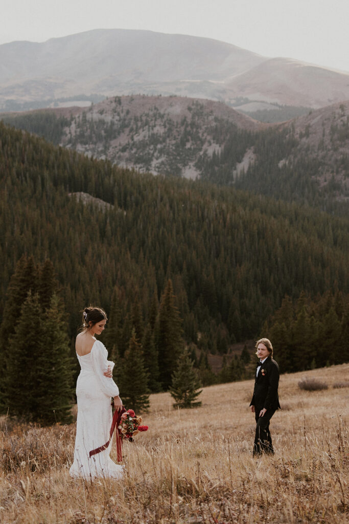 Bride and groom posing in the Colorado mountains