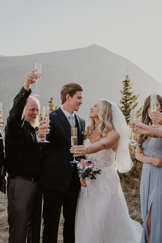 Bride and groom toasting with their friends and family after their intimate ceremony