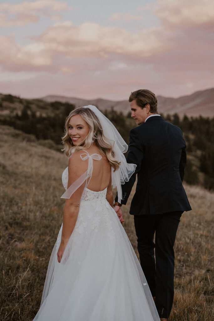 Bride and grooms sunset Breckenridge elopement portraits in the Colorado mountains