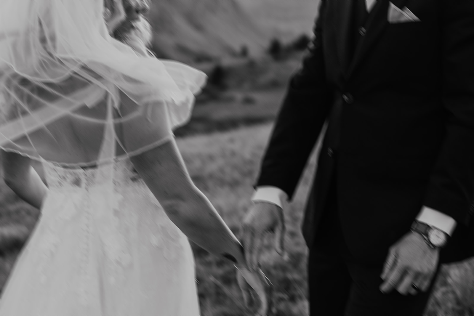 Black and white photo of a bride and groom in the Colorado mountains