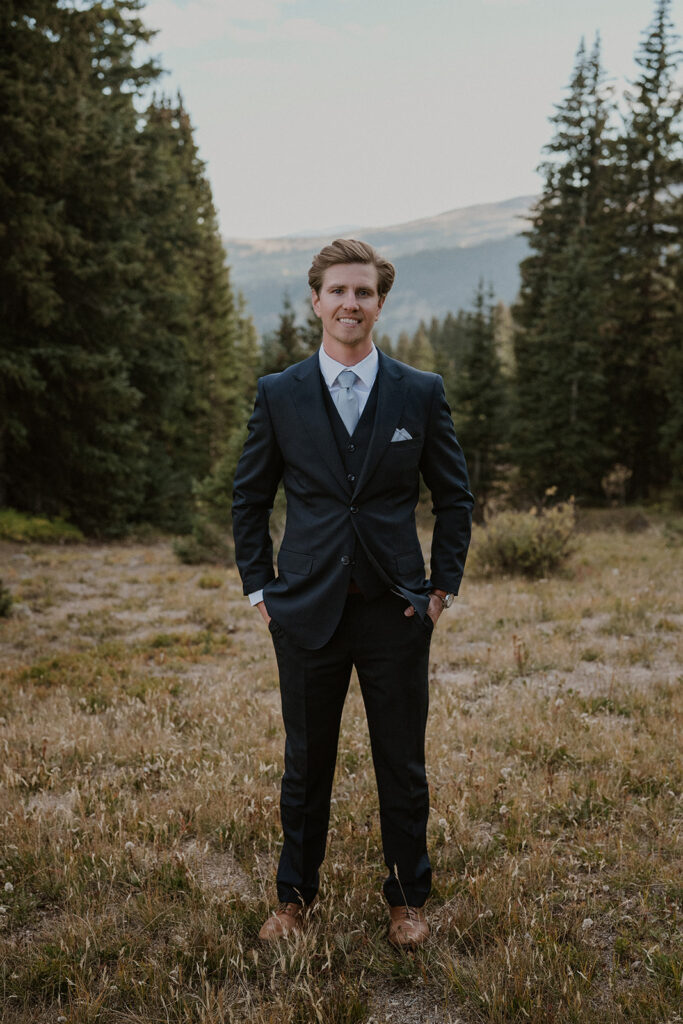 Outdoor grooms portraits from an intimate Breckenridge wedding in Colorado