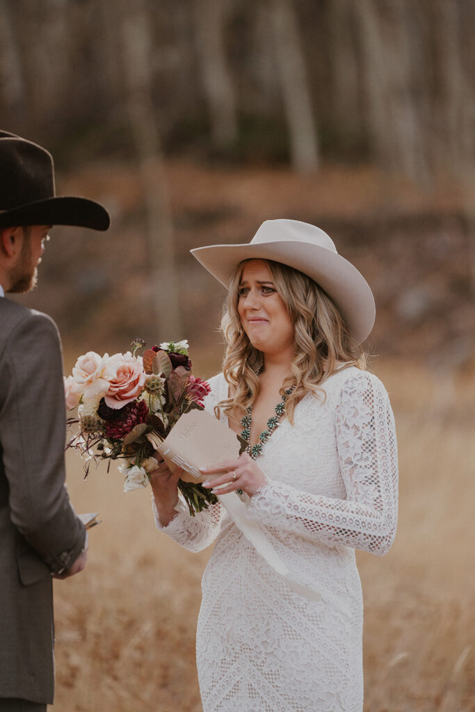 Bride getting emotional as she reads her vows