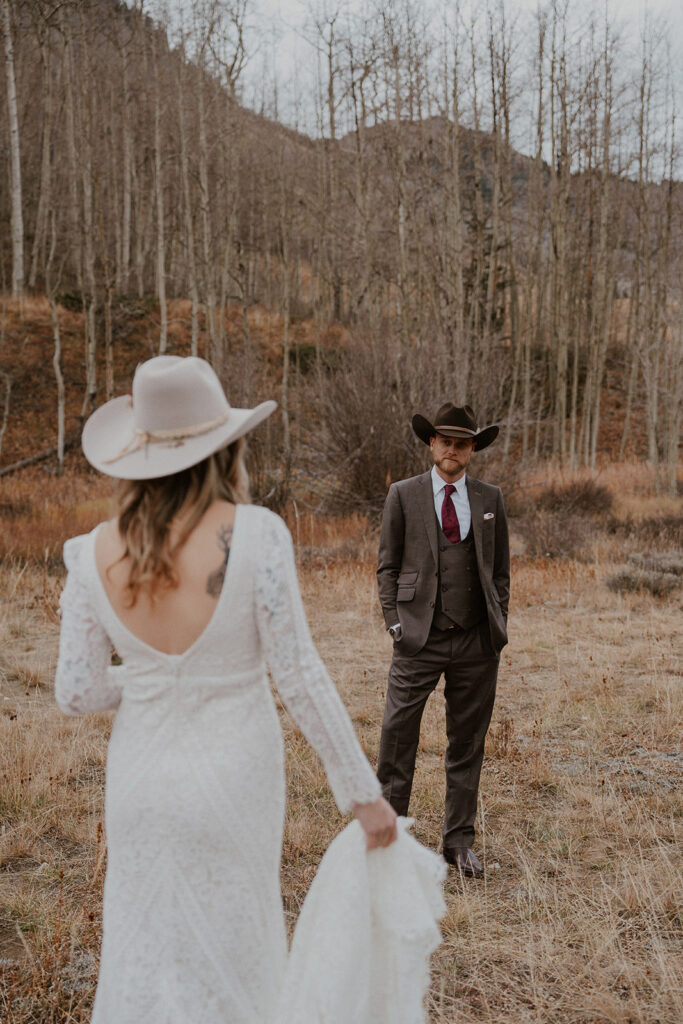 Bride and grooms outdoor mountain portraits in Aspen, Colorado