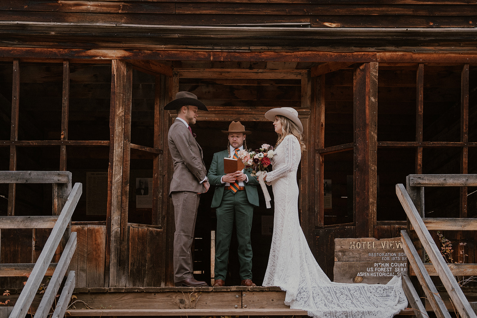 Bride and groom during their intimate Ashcroft Ghost town elopement ceremony in Aspen, Colorado