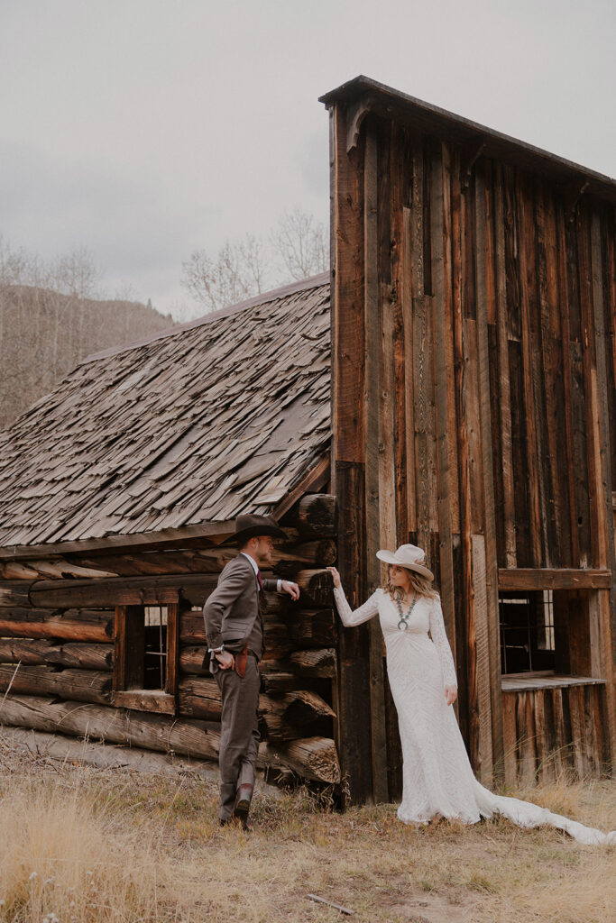 Bride and grooms Ashcroft Ghost town elopement photos in Aspen, Colorado