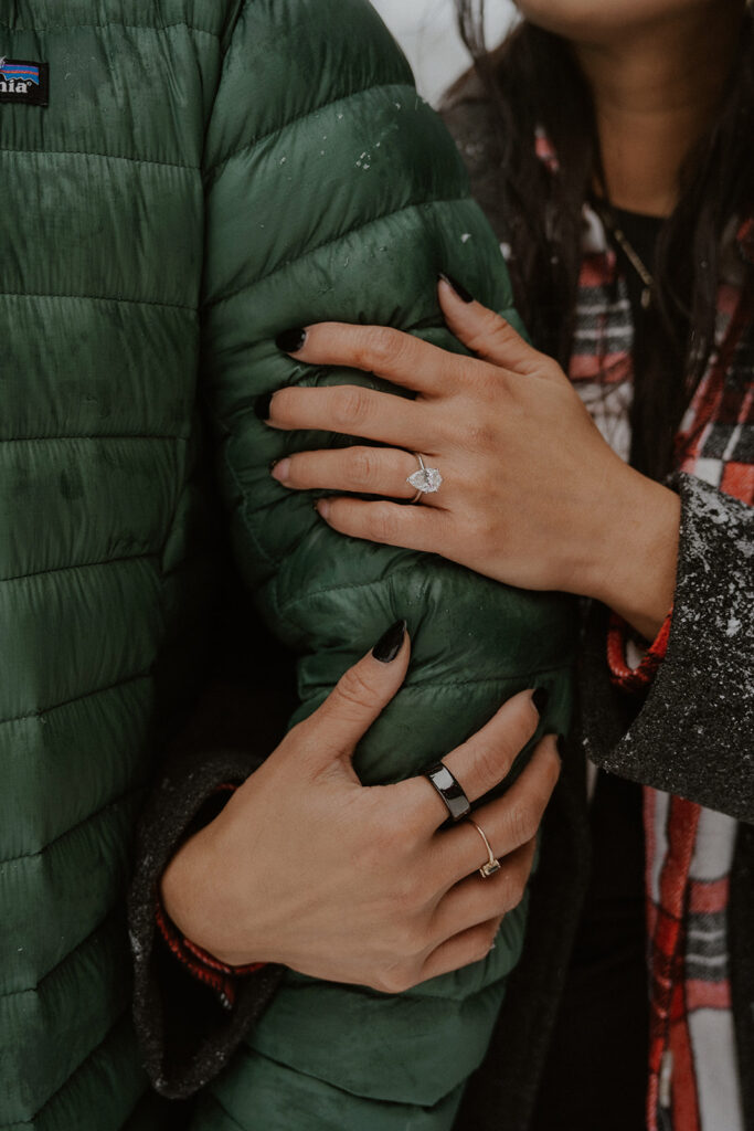 Close up shot of a couple posing for their Boreas Pass engagement in Colorado